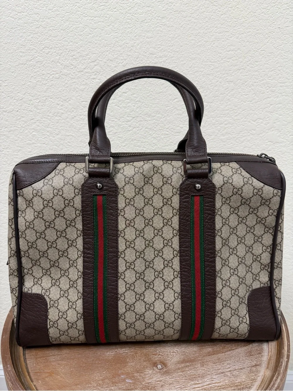 Gucci Beige GG Canvas Travel/Briefcase with Brown Leather and Green-Red Web